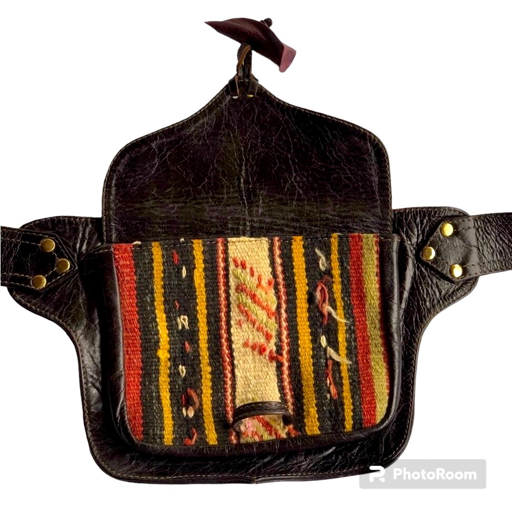 Calleen Cordero Cracked Brown Leather Belt Bag with Upcycled Vintage Kilim
